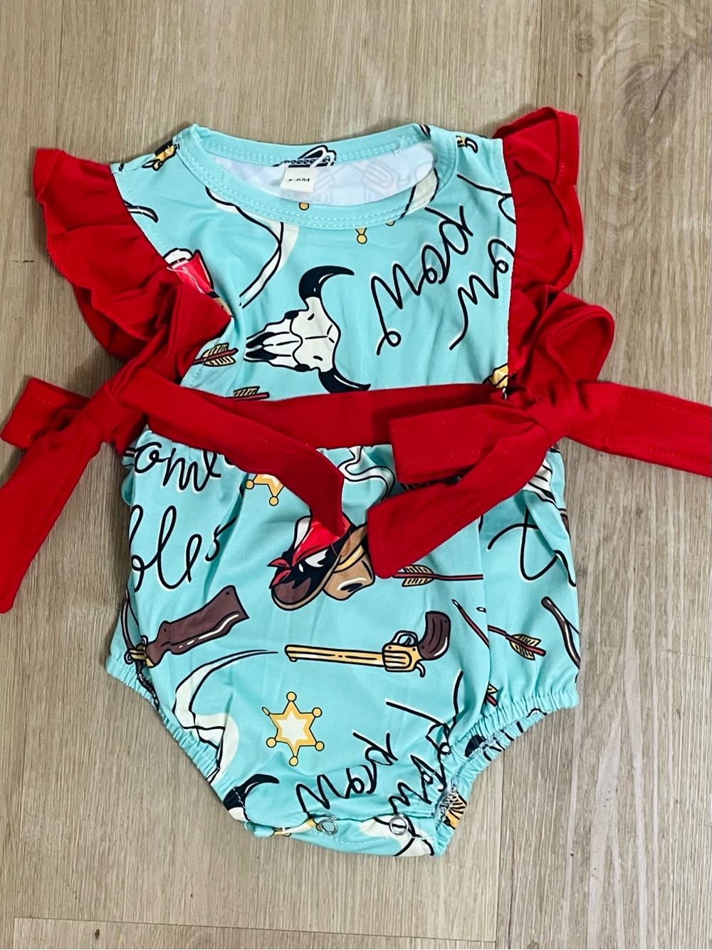 Baby Girls' Western Print One-Piece with Red Ruffle Ties